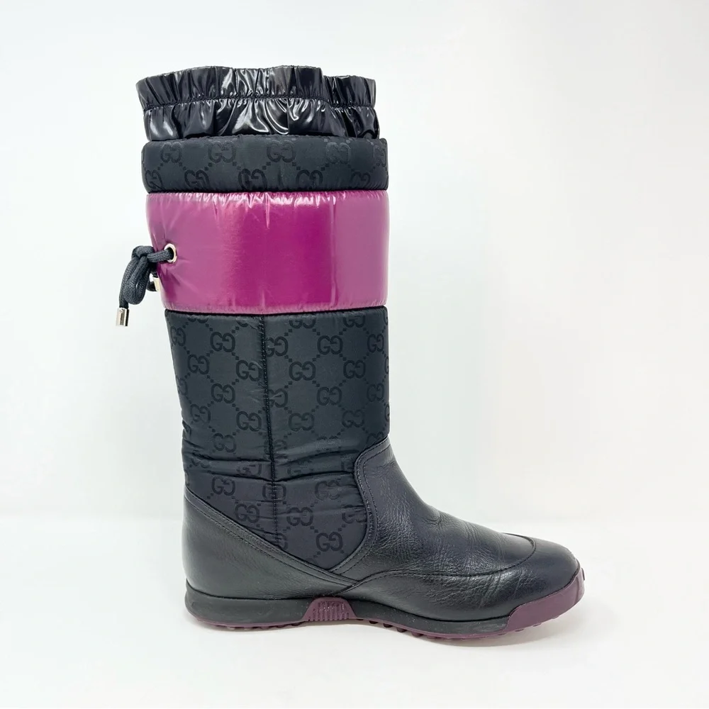 Gucci GG Logo Monogram Snow Winter Boots Tall Slip On Black Leather 35.5 5.5